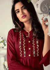 Maroon Embroidered Heavy Rayon Feeding Kurti with Comfortable Fit